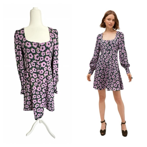 Kate Spade NY Flaire Flora Fluid Mini Dress Green Pink Floral Crepe Size 6 - Picture 1 of 15